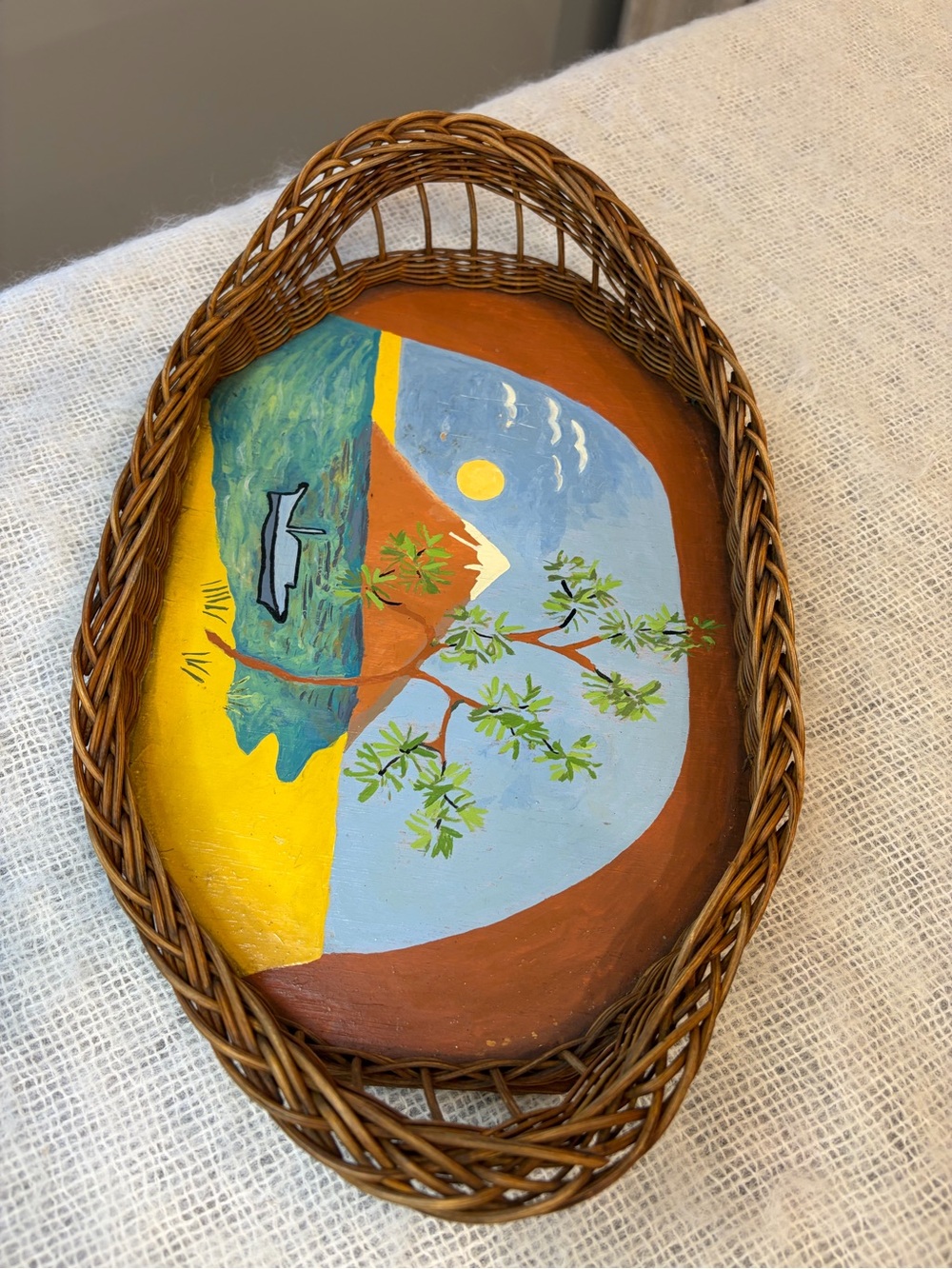 Vintage Mexican Folk Art Hand Painted scene inside basket.
